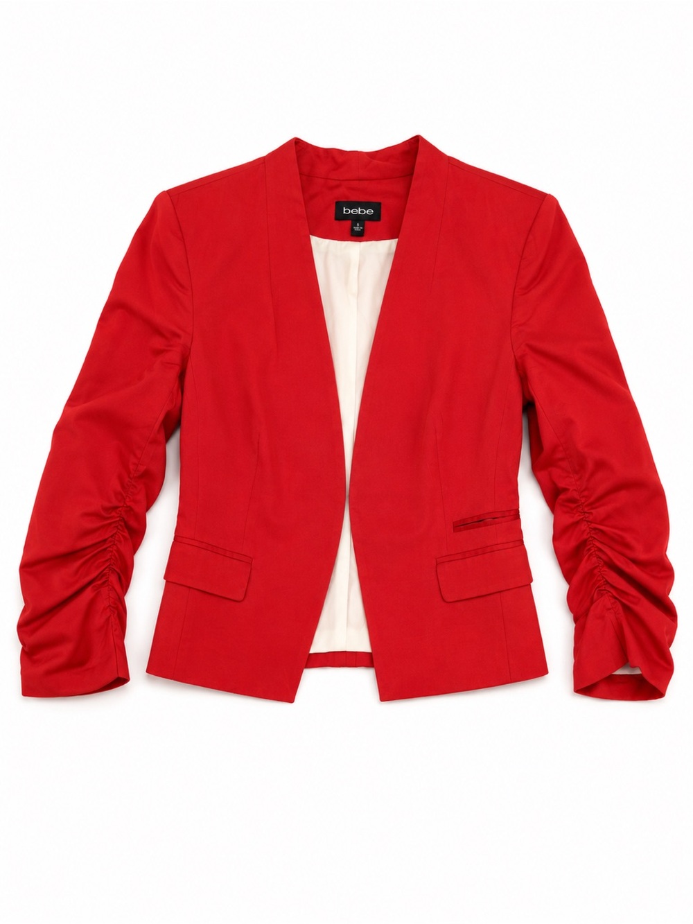 Bebe Fiery Red Cropped Open Front Blazer Ruched Sleeve Size 8